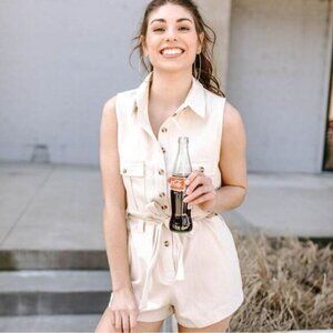 New Unworn Kittenish Cream Cotton Utility Sleeveless Romper Sz S